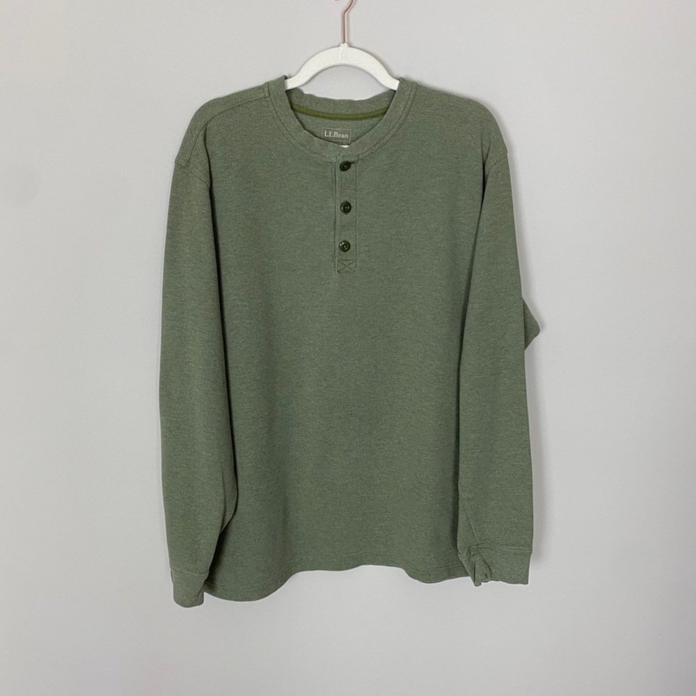 LL Bean Thermal Henley Shirt Mens XL Green Waffle Knit Cotton Long Sleeve